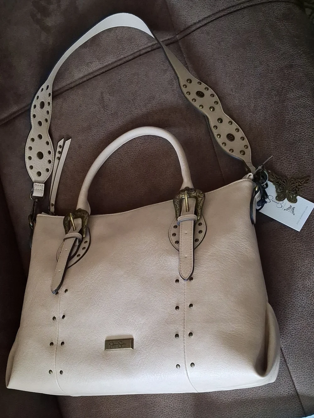 Jessica Simpson Beige Women's Faux Leather Tote Bag with Decorative Buckles